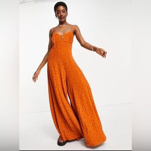Free People Summer Jamboree Burnt Orange Wide Leg Jumpsuit With Polka Dots S